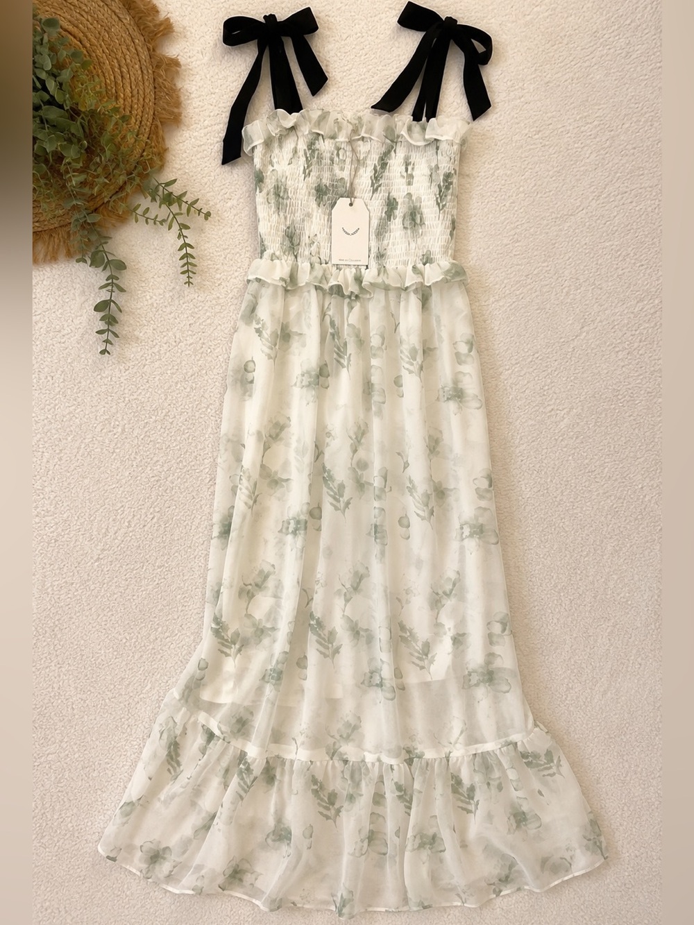 Free the Roses White Maxi Dress w/ Black Tie Straps and Green Floral Print NWT p